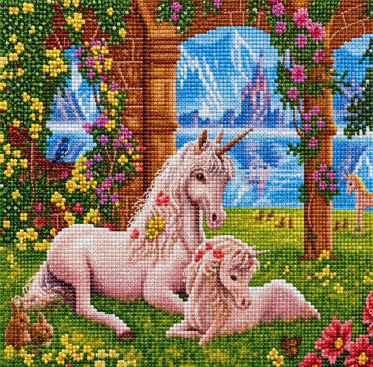 Finished mother and baby unicorn diamond painting with two unicorns resting in a flower filled garden archway overlooking mountains | Azurra Shop