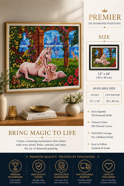 Mother and baby unicorn diamond painting framed on a wall, available in a 12 by 16 inch size | Azurra Shop