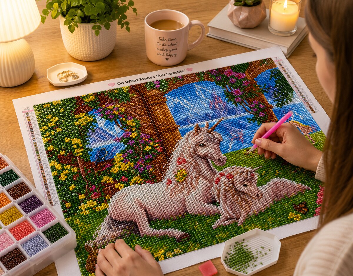 Woman placing diamonds on the mother and baby unicorn canvas at a desk with coffee and a candle | Azurra Shop