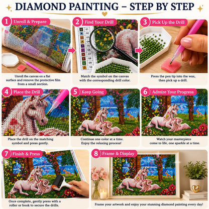 Eight step instructions for completing a diamond painting kit from unrolling the canvas to framing and display | Azurra Shop