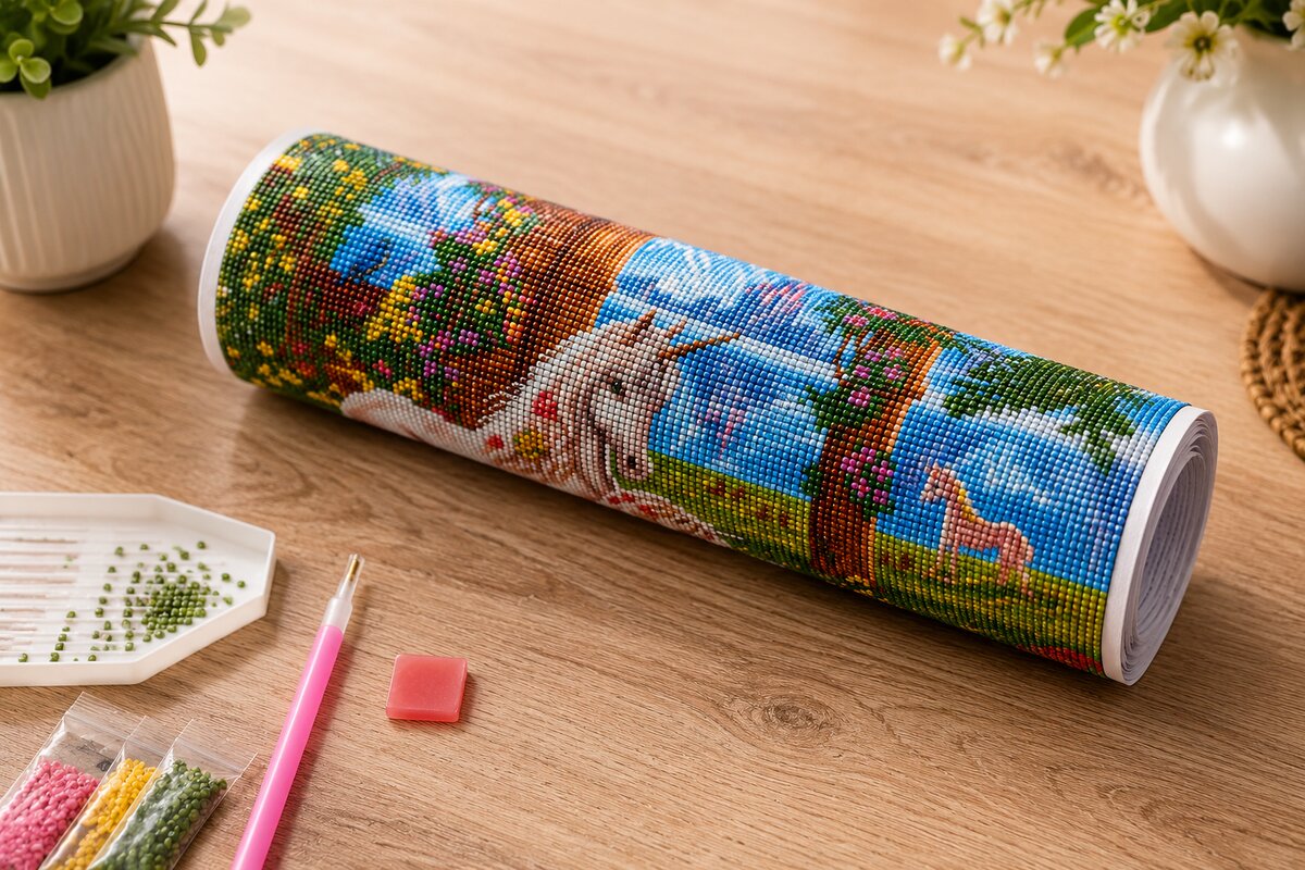 Diamond painting kit supplies including rolled canvas, sorted diamond bags, applicator pen, and tray | Azurra Shop