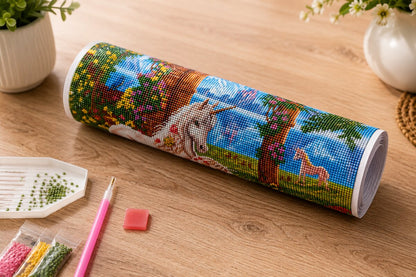 Diamond painting kit supplies including rolled canvas, sorted diamond bags, applicator pen, and tray | Azurra Shop