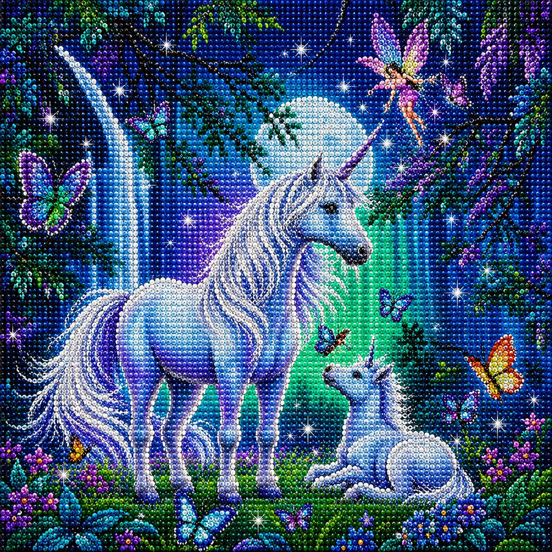 Finished mother and baby unicorn diamond painting with two white unicorns, a fairy, and butterflies in a glowing blue forest under a full moon | Azurra Shop
