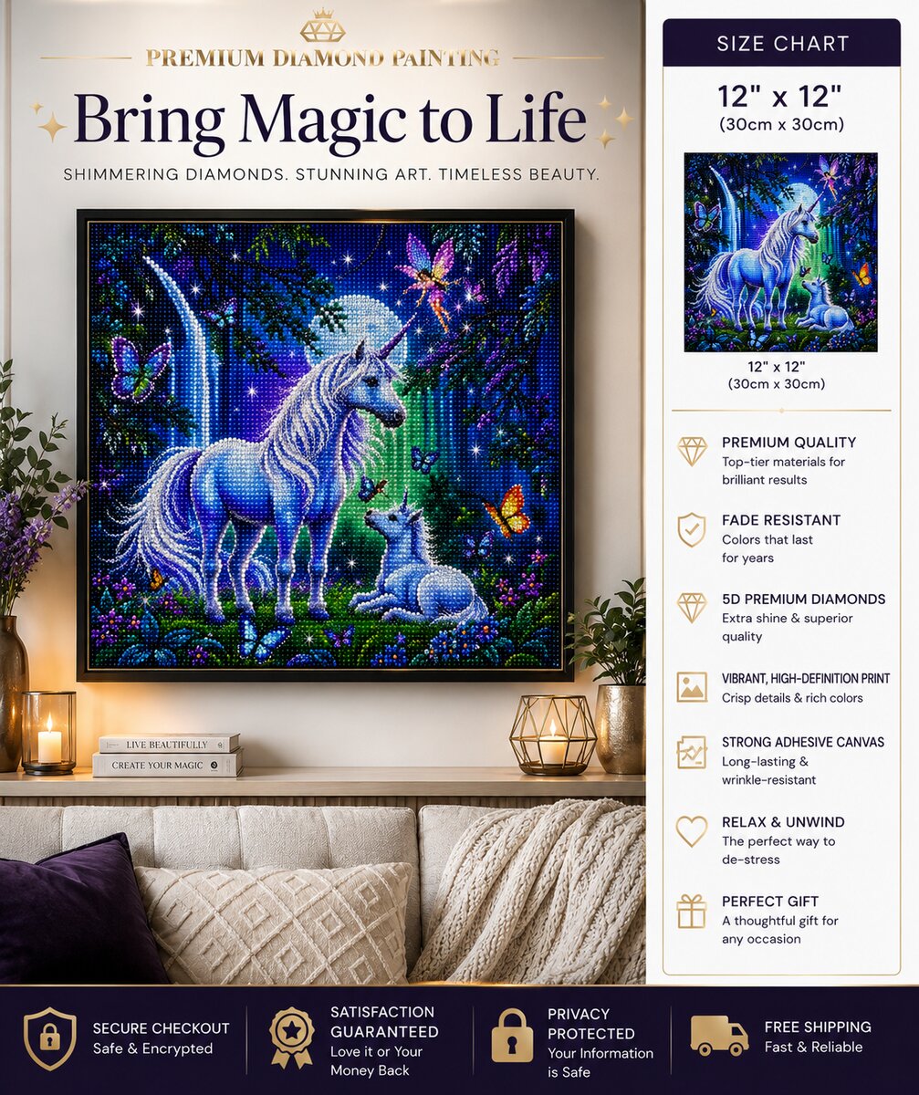 Mother and baby unicorn in blue forest diamond painting framed on a wall, available in a 12 by 12 inch size | Azurra Shop