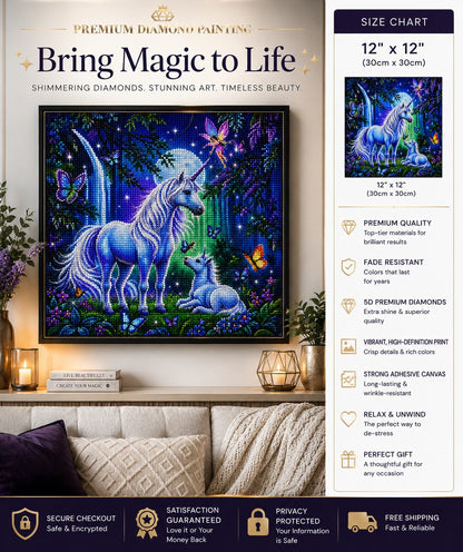 Mother and baby unicorn in blue forest diamond painting framed on a wall, available in a 12 by 12 inch size | Azurra Shop