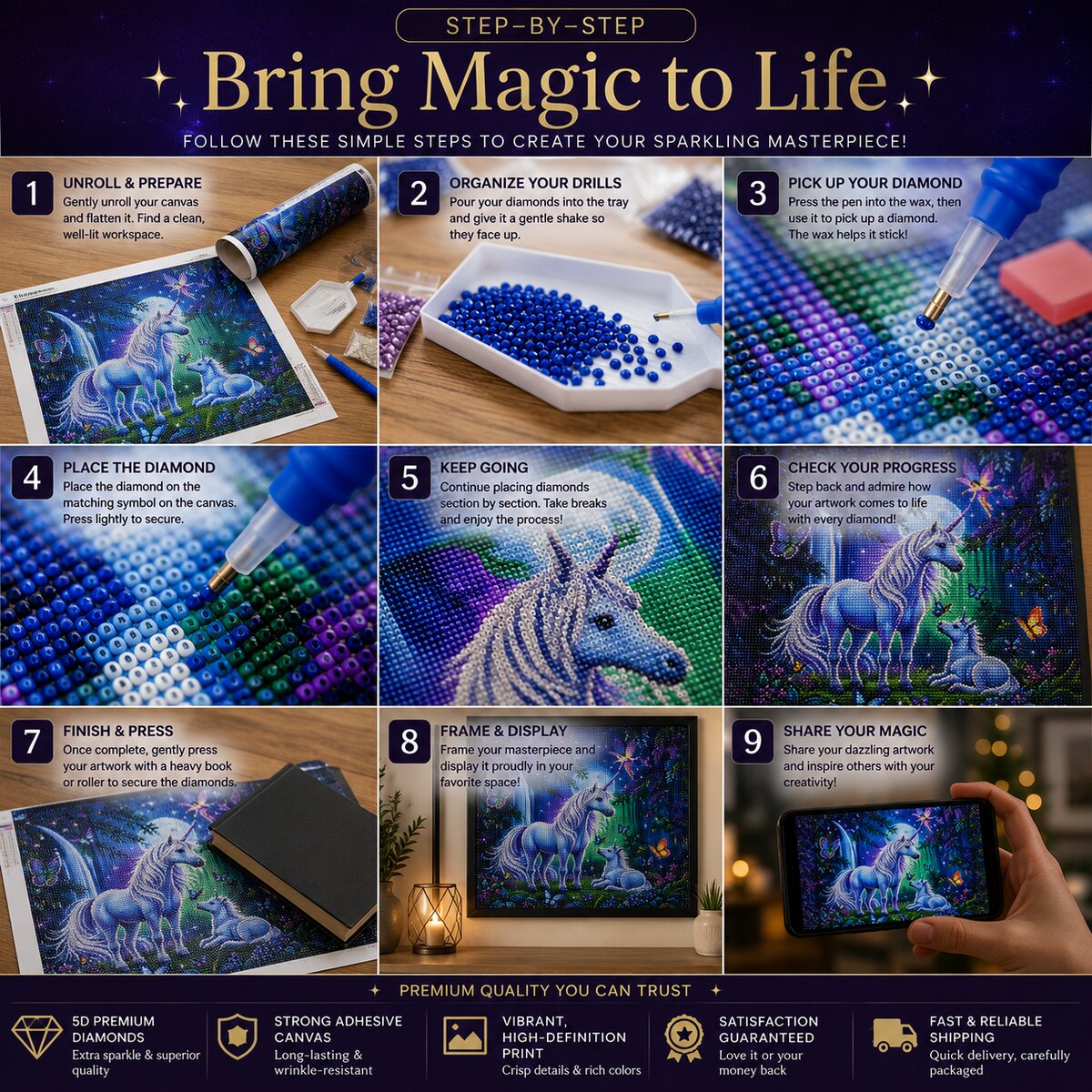 Nine step instructions for completing a diamond painting kit from canvas prep to framing and display | Azurra Shop