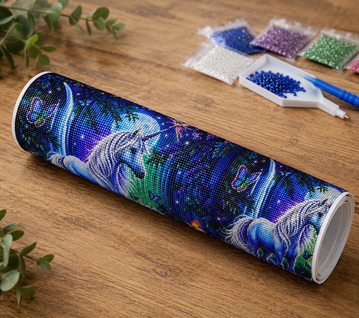 Diamond painting kit supplies including rolled canvas, sorted diamond bags, applicator pen, and tray | Azurra Shop