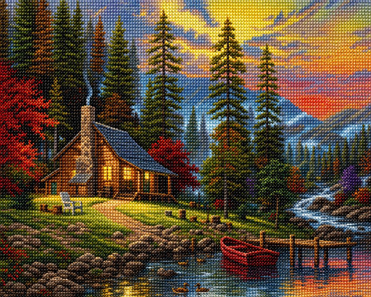 Close up of the finished mountain lake cabin at sunset diamond painting with sparkling drills | Azurra Shop