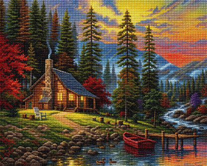 Close up of the finished mountain lake cabin at sunset diamond painting with sparkling drills | Azurra Shop