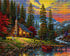 Close up of the finished mountain lake cabin at sunset diamond painting with sparkling drills | Azurra Shop
