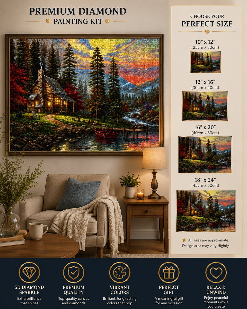 Framed mountain lake cabin at sunset diamond painting displayed above a cream armchair with available sizes shown | Azurra Shop