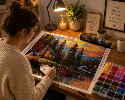 Working on the mountain lake cabin at sunset kit at a warm wooden desk with drill organizer, candle, and mug | Azurra Shop