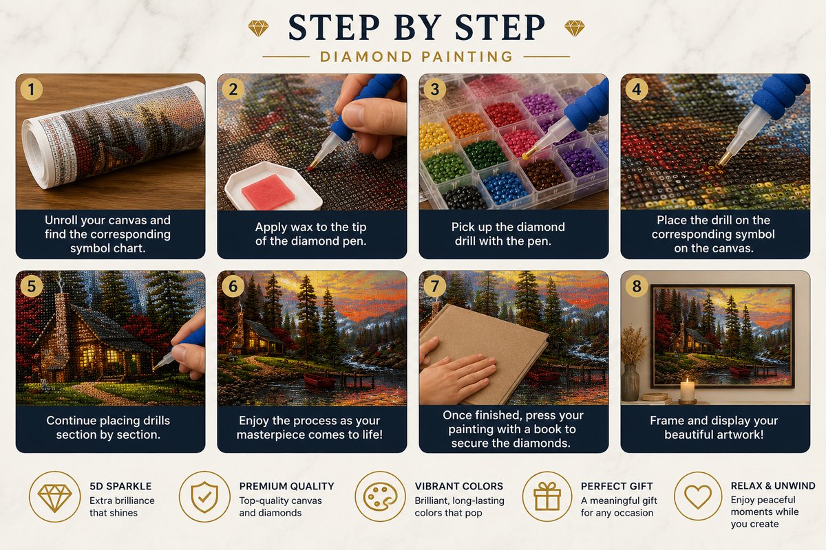 Eight step guide showing how to complete the mountain lake cabin at sunset diamond painting | Azurra Shop