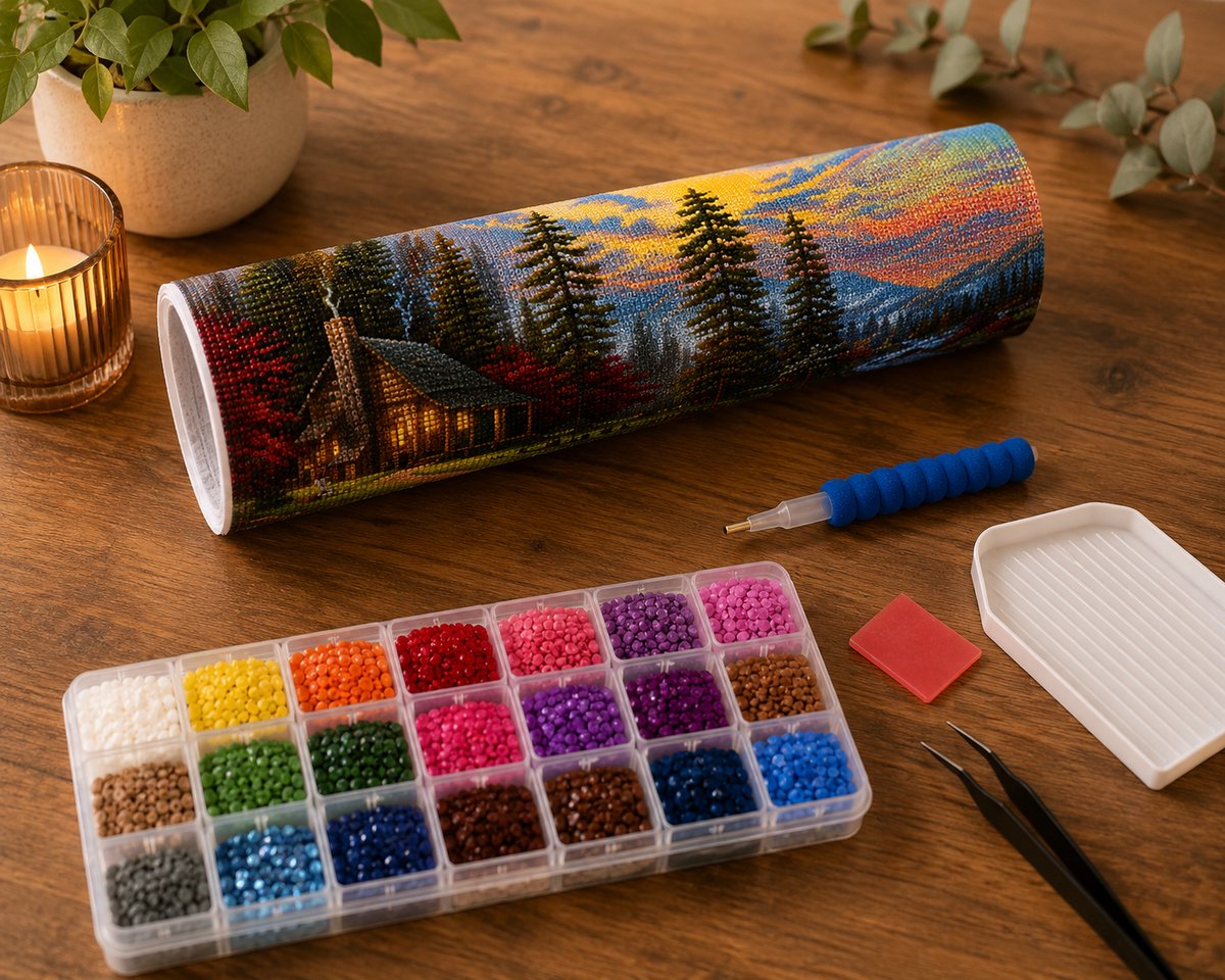 Rolled canvas and supplies for the mountain lake cabin at sunset kit, including drill organizer, applicator pen, tweezers, and wax pad | Azurra Shop
