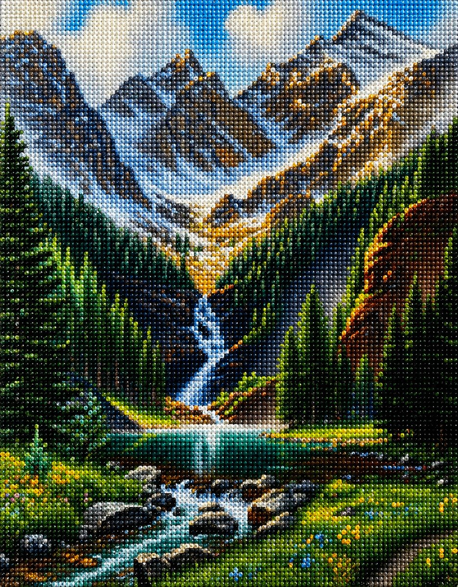 Close up of the finished alpine mountain valley waterfall diamond painting with sparkling drills | Azurra Shop