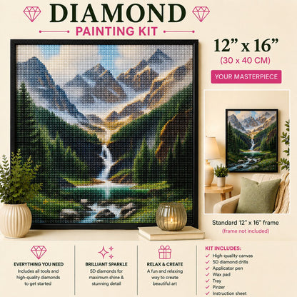 Framed alpine mountain valley waterfall diamond painting displayed in a cozy living room | Azurra Shop