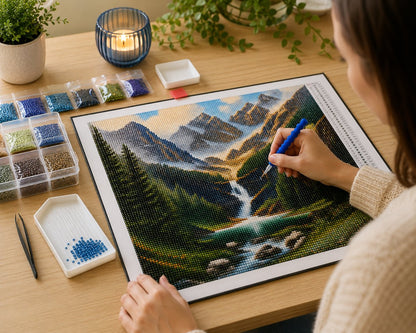 Working on the alpine mountain valley waterfall kit at a cozy desk with drill tools nearby | Azurra Shop
