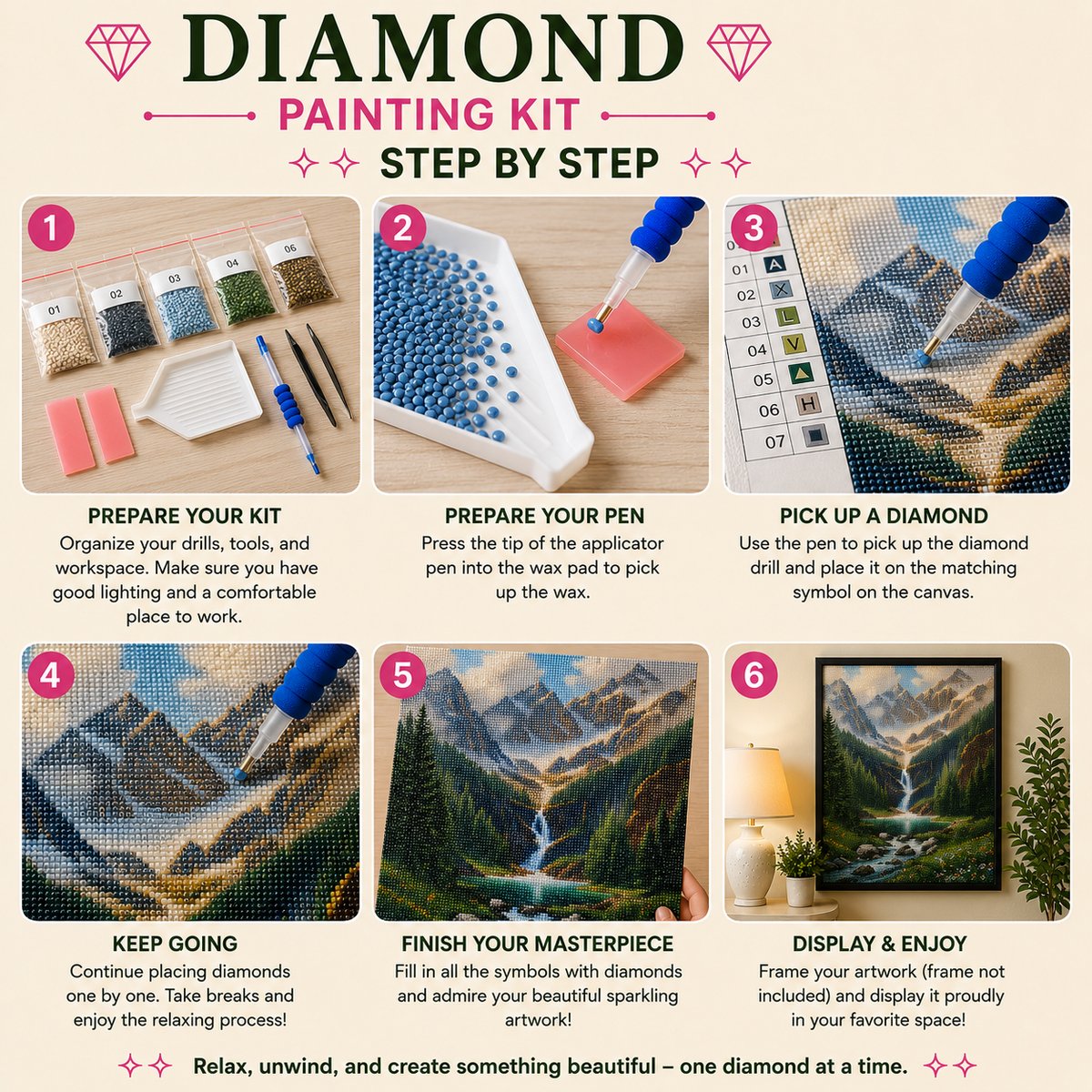 Step by step guide showing how to complete the alpine mountain valley waterfall diamond painting | Azurra Shop