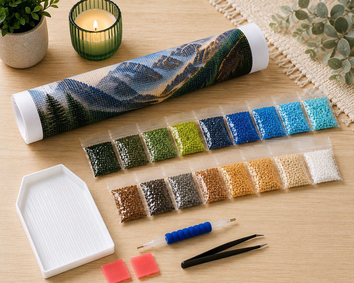 Rolled canvas and supplies for the alpine mountain valley waterfall kit, including drill packets, applicator pen, and wax pad | Azurra Shop