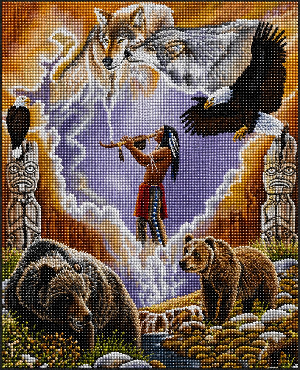 Finished Native American spirit mural diamond painting of a flute player with wolves, eagles, bears, and totem poles | Azurra Shop