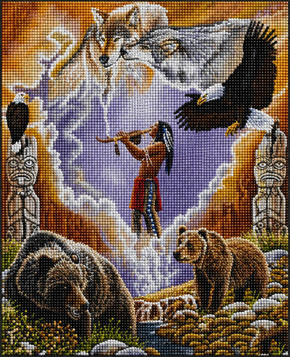 Finished Native American spirit mural diamond painting of a flute player with wolves, eagles, bears, and totem poles | Azurra Shop