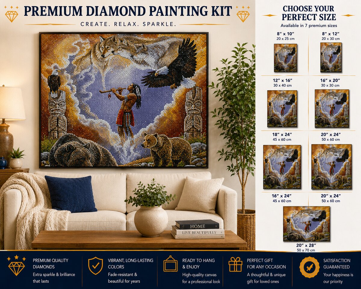 Native American spirit mural diamond painting framed on a wall above a couch with a navy pillow, with a size chart showing 8 by 10 up to 20 by 28 inch options | Azurra Shop