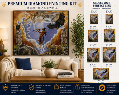 Native American spirit mural diamond painting framed on a wall above a couch with a navy pillow, with a size chart showing 8 by 10 up to 20 by 28 inch options | Azurra Shop