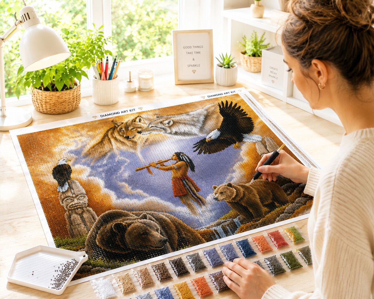 Woman placing diamonds on the Native American spirit mural canvas at a desk with sorted diamond bags | Azurra Shop