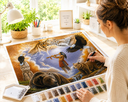 Woman placing diamonds on the Native American spirit mural canvas at a desk with sorted diamond bags | Azurra Shop