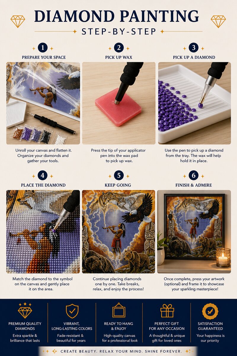 Six step instructions for completing a diamond painting kit from preparing your space to finishing and admiring the art | Azurra Shop