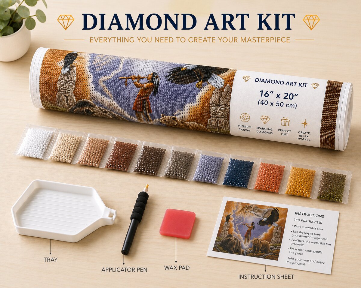 Diamond art kit supplies including rolled canvas, sorted diamond bags, tray, applicator pen, wax pad, and instruction sheet | Azurra Shop