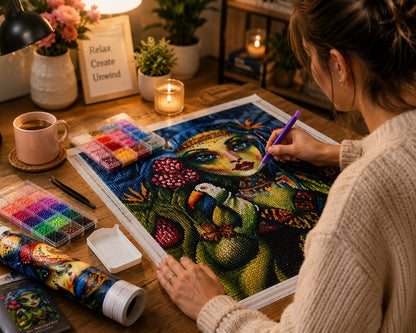 Woman placing diamonds on the mystic goddess canvas at a desk with coffee and flowers | Azurra Shop
