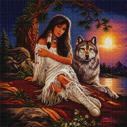 Close up of the finished Native American woman and wolf at sunset diamond painting | Azurra Shop
