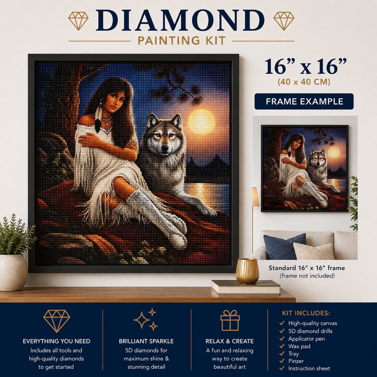 Framed Native American woman and wolf diamond painting displayed on a living room wall | Azurra Shop