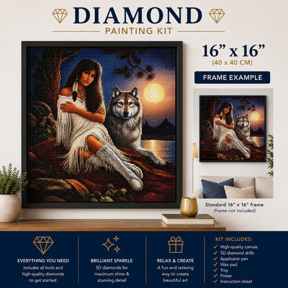 Framed Native American woman and wolf diamond painting displayed on a living room wall | Azurra Shop
