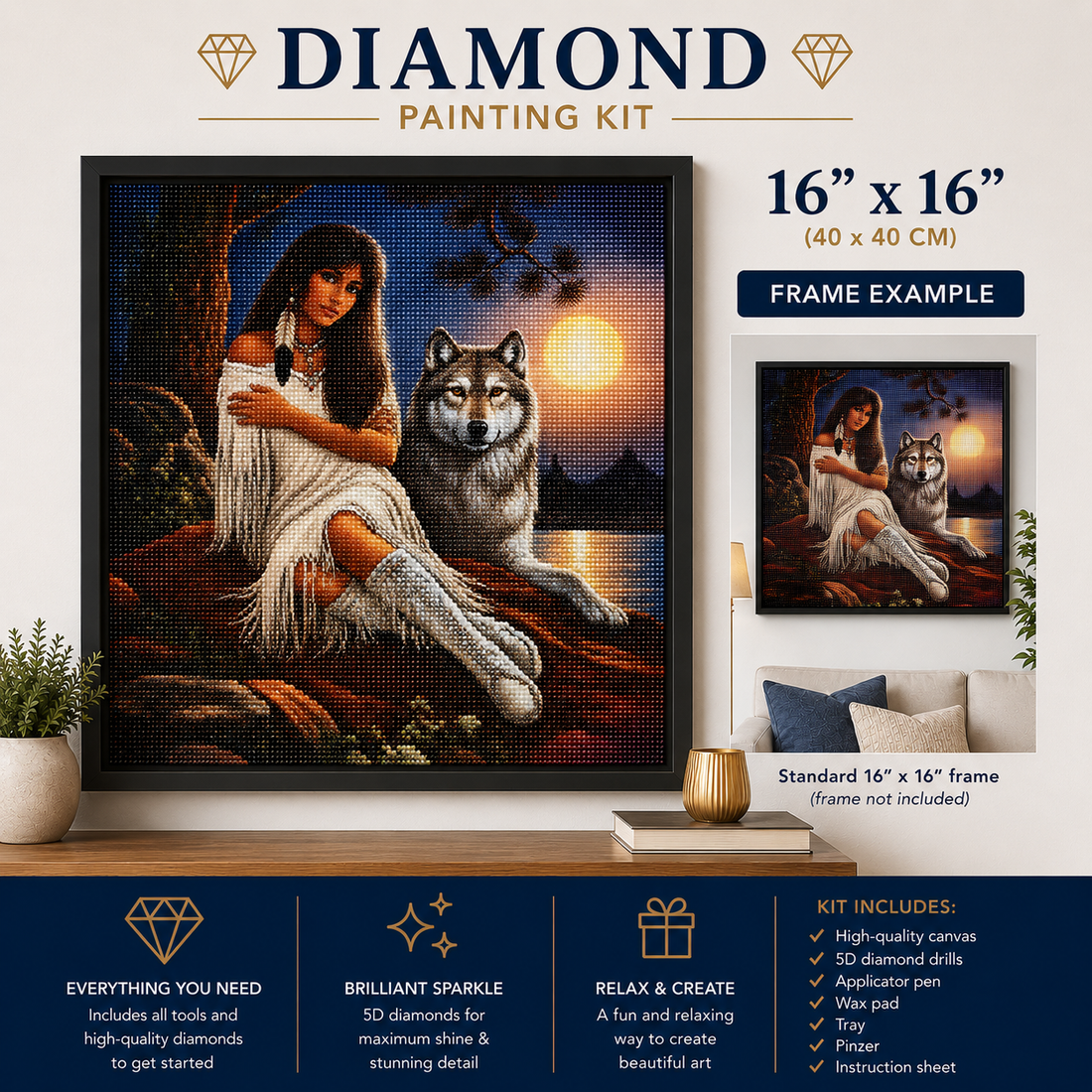 Native American woman and wolf at sunset diamond painting kit – 16" x 16" framed finished art on living room wall, includes canvas, 5D diamond drills, applicator pen, wax pad, tray, pinzer and instruction sheet — Azurra Shop
