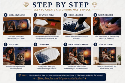 Eight step guide showing how to complete the Native American woman and wolf diamond painting | Azurra Shop