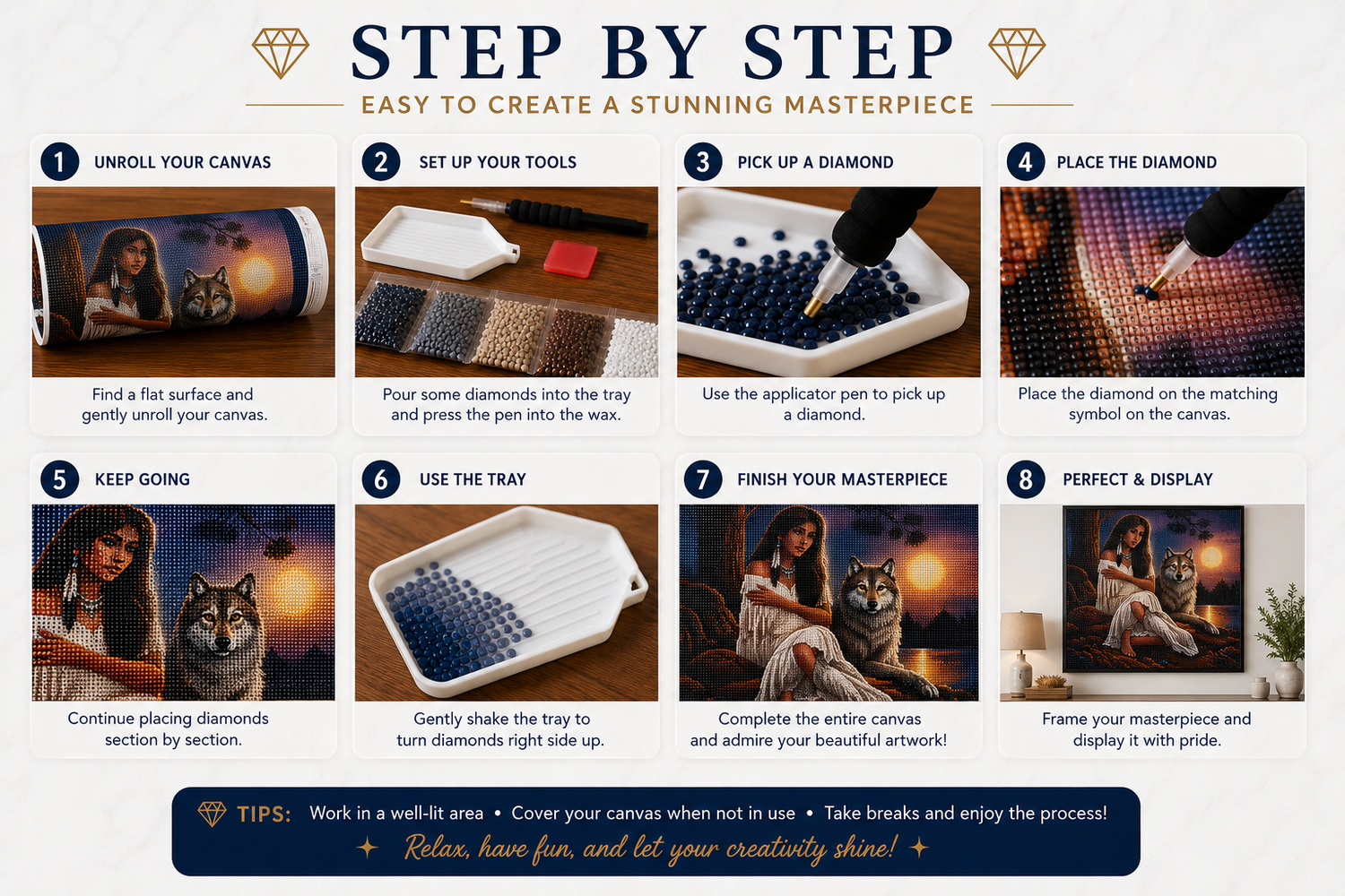 Native American woman and wolf at sunset diamond painting kit step-by-step guide – 8 illustrated steps showing how to unroll canvas, place diamond drills and display finished artwork — Azurra Shop

