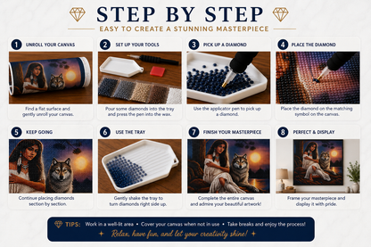 Native American woman and wolf at sunset diamond painting kit step-by-step guide – 8 illustrated steps showing how to unroll canvas, place diamond drills and display finished artwork — Azurra Shop
