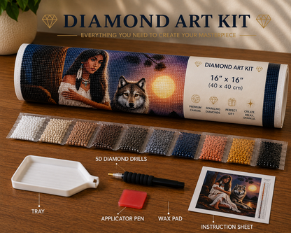 Native American woman and wolf at sunset diamond painting kit supplies – rolled canvas in tube, sorted diamond drill packets, applicator pen, wax pad, tray and instruction sheet laid out on wooden surface — Azurra Shop
