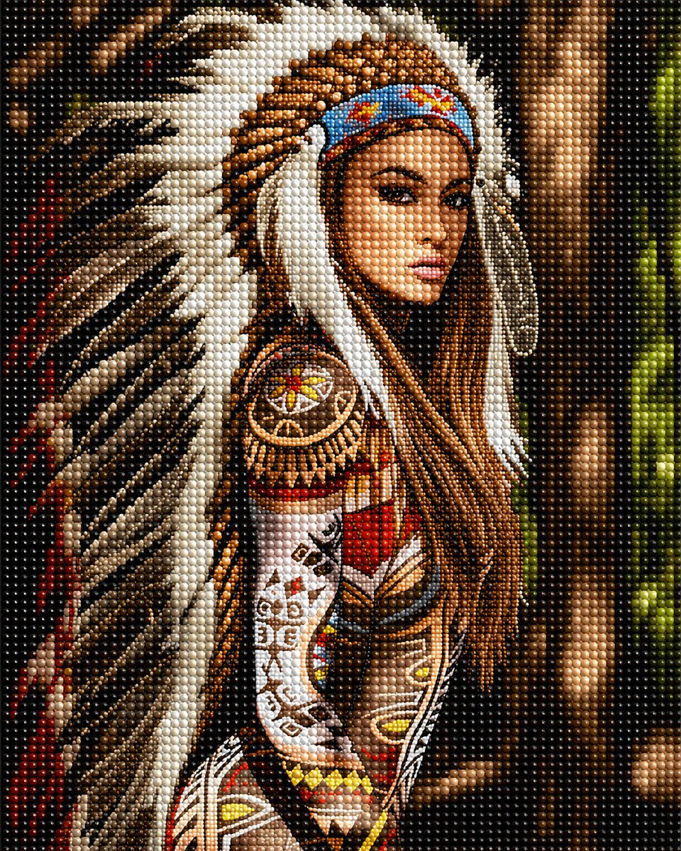 Finished Native American woman portrait diamond painting with a white feather headdress and beaded medallion in a forest setting | Azurra Shop