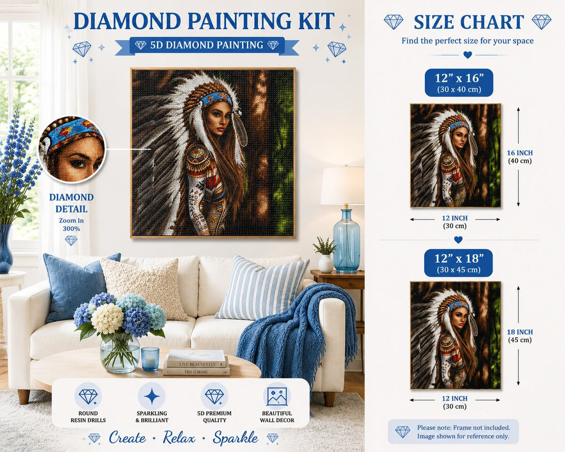 Native American woman portrait diamond painting framed on a wall above a couch with blue pillows, with a size chart showing 12 by 16 and 12 by 18 inch options | Azurra Shop