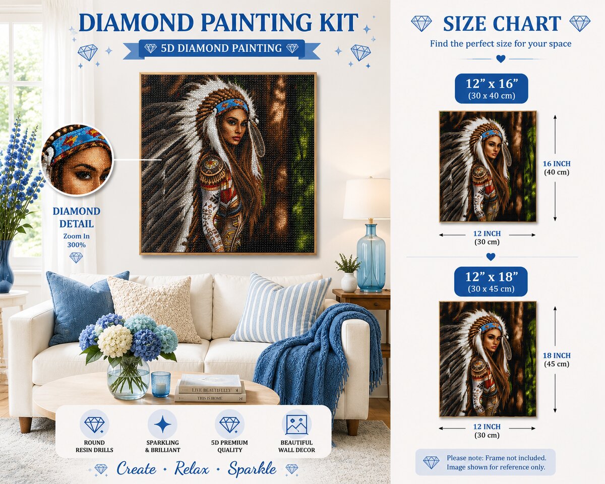Native American woman portrait diamond painting framed on a wall above a couch with blue pillows, with a size chart showing 12 by 16 and 12 by 18 inch options | Azurra Shop