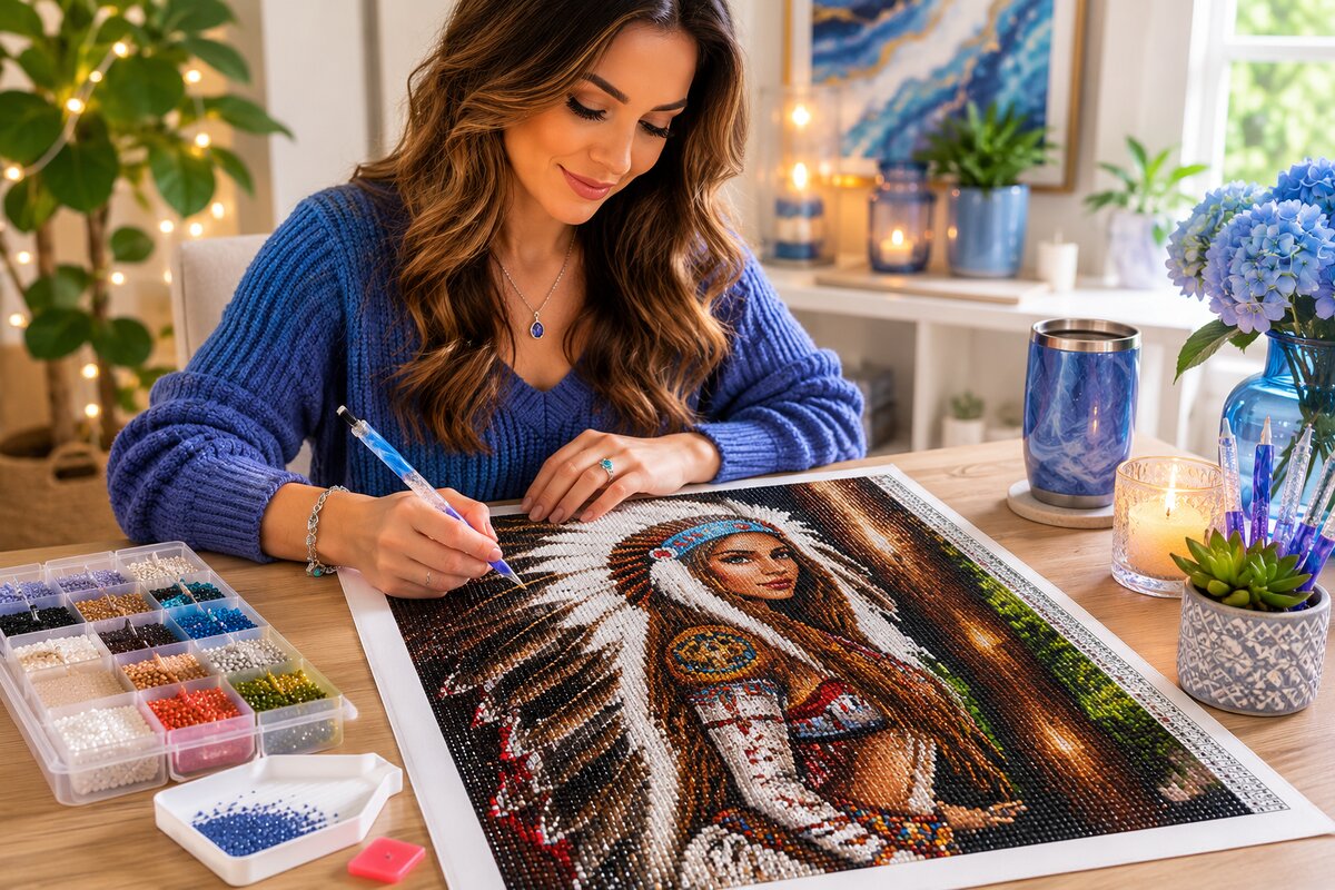 Woman placing diamonds on the Native American woman portrait canvas at a desk with candles and blue flowers | Azurra Shop