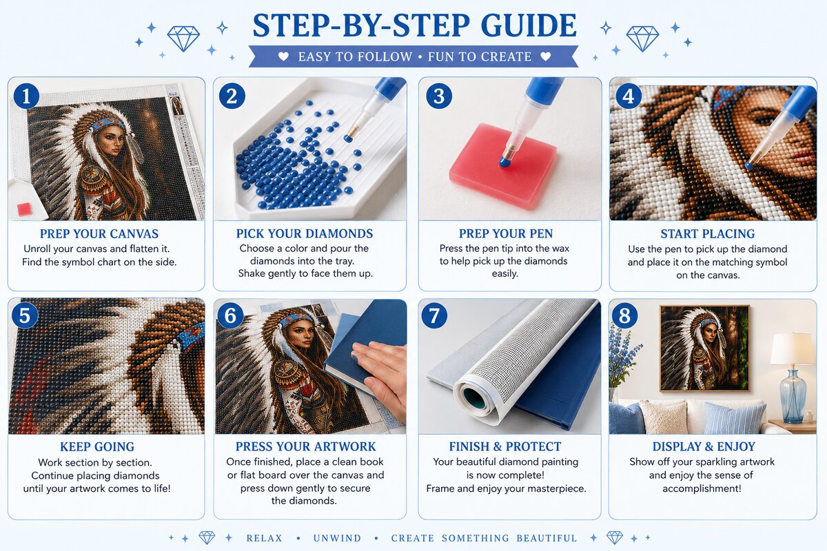 Eight step instructions for completing a diamond painting kit from prepping your canvas to displaying the finished art | Azurra Shop