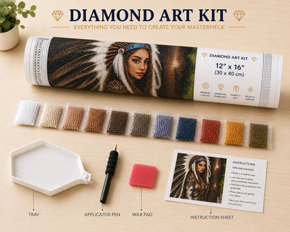 Diamond art kit supplies including rolled canvas, sorted diamond bags, tray, applicator pen, wax pad, and instruction sheet | Azurra Shop