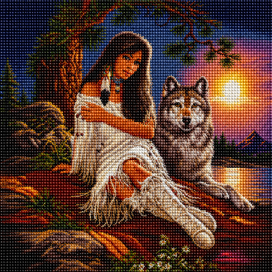 Native American woman and wolf at sunset diamond painting kit close-up – woman in white fringed dress with feather earrings resting beside a grey wolf, warm amber and purple sunset tones, sparkling full drill 5D resin diamond texture — Azurra Shop

