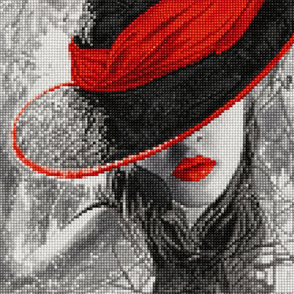 Close up of the finished noir lady diamond painting in black and white with a bold red hat and red lips | Azurra Shop