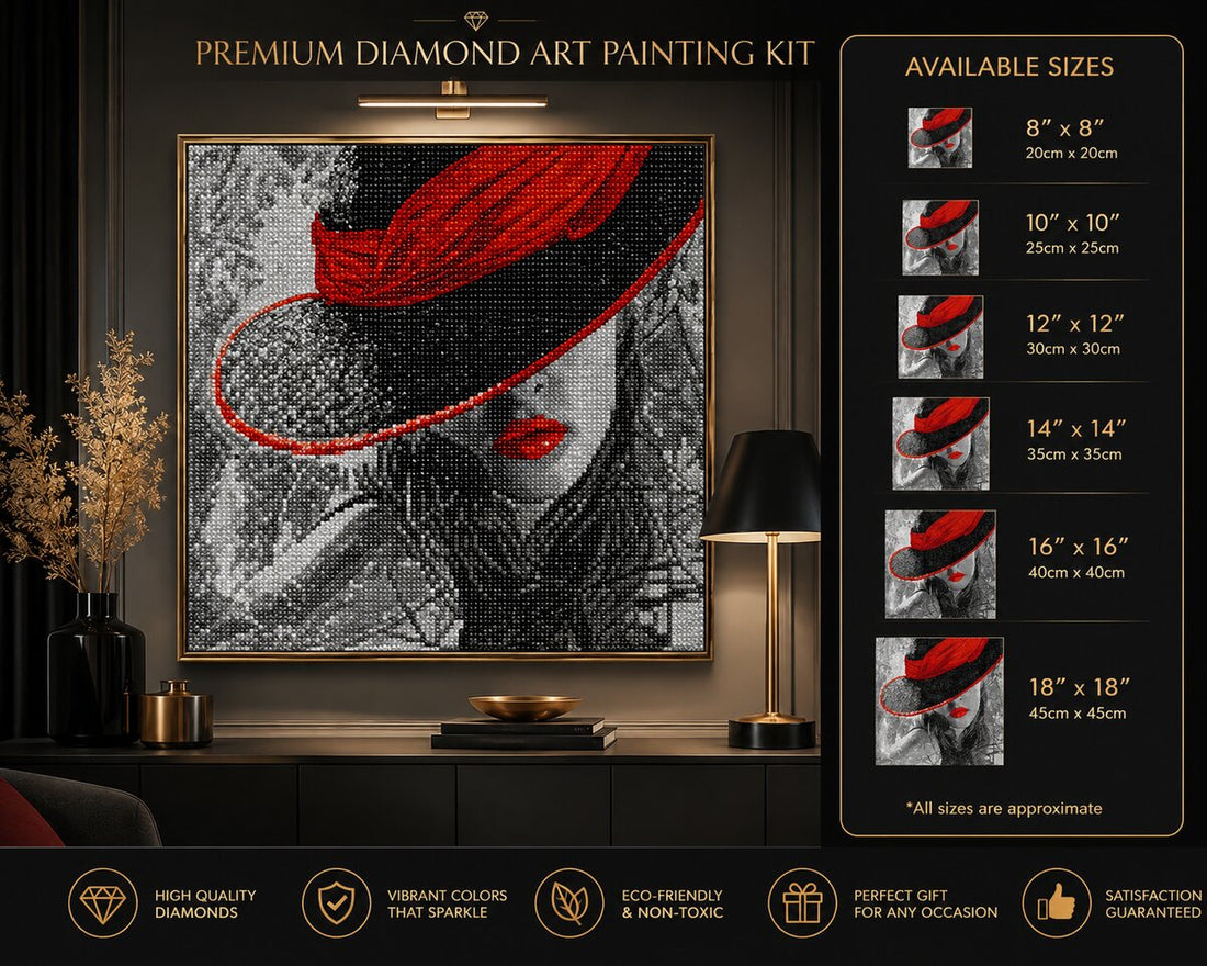 Framed noir lady diamond painting displayed on a living room wall with a gold lamp and dried branches | Azurra Shop