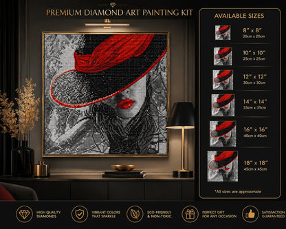 Framed noir lady diamond painting displayed on a living room wall with a gold lamp and dried branches | Azurra Shop